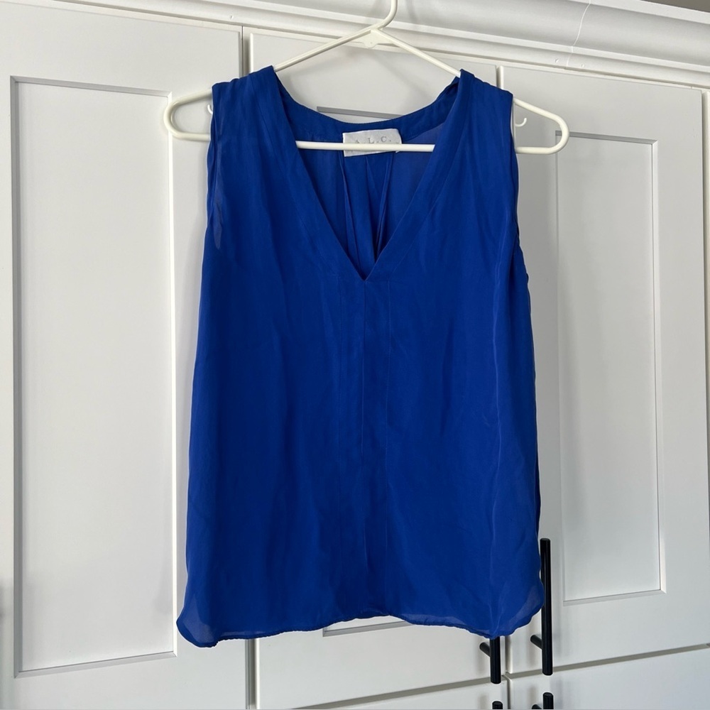 A.L.C. Draped Back Tank Top Blue Silk Extra Small XS V-Neck Sleeveless Blouse